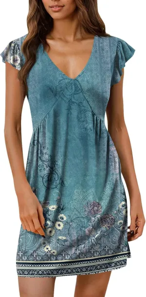 Summer Dresses for Women 2025 Boho Floral Print Ruffle Sleeve Vacation Holiday Dress V-Neck Sundress Tank Dress