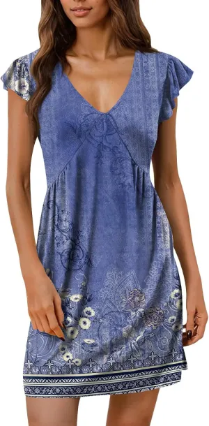 Summer Dresses for Women 2025 Boho Floral Print Ruffle Sleeve Vacation Holiday Dress V-Neck Sundress Tank Dress