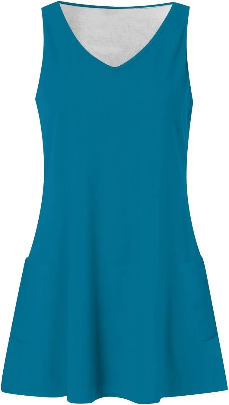 Summer Dresses for Women 2025 Vacation Beach Mini Dress V Neck Sleeveless Swing Tank Sundresses with Pockets
