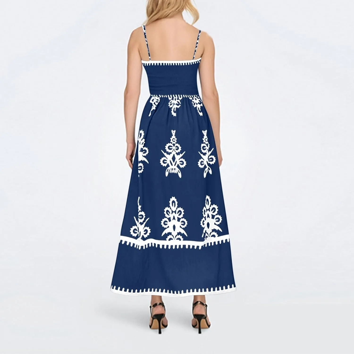 Summer Dresses for Women Elegant Spaghetti Strap Smocked Neck Sundresses with Pockets Vintage Printed Beach Dresses