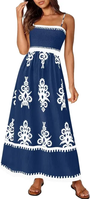 Summer Dresses for Women Elegant Spaghetti Strap Smocked Neck Sundresses with Pockets Vintage Printed Beach Dresses