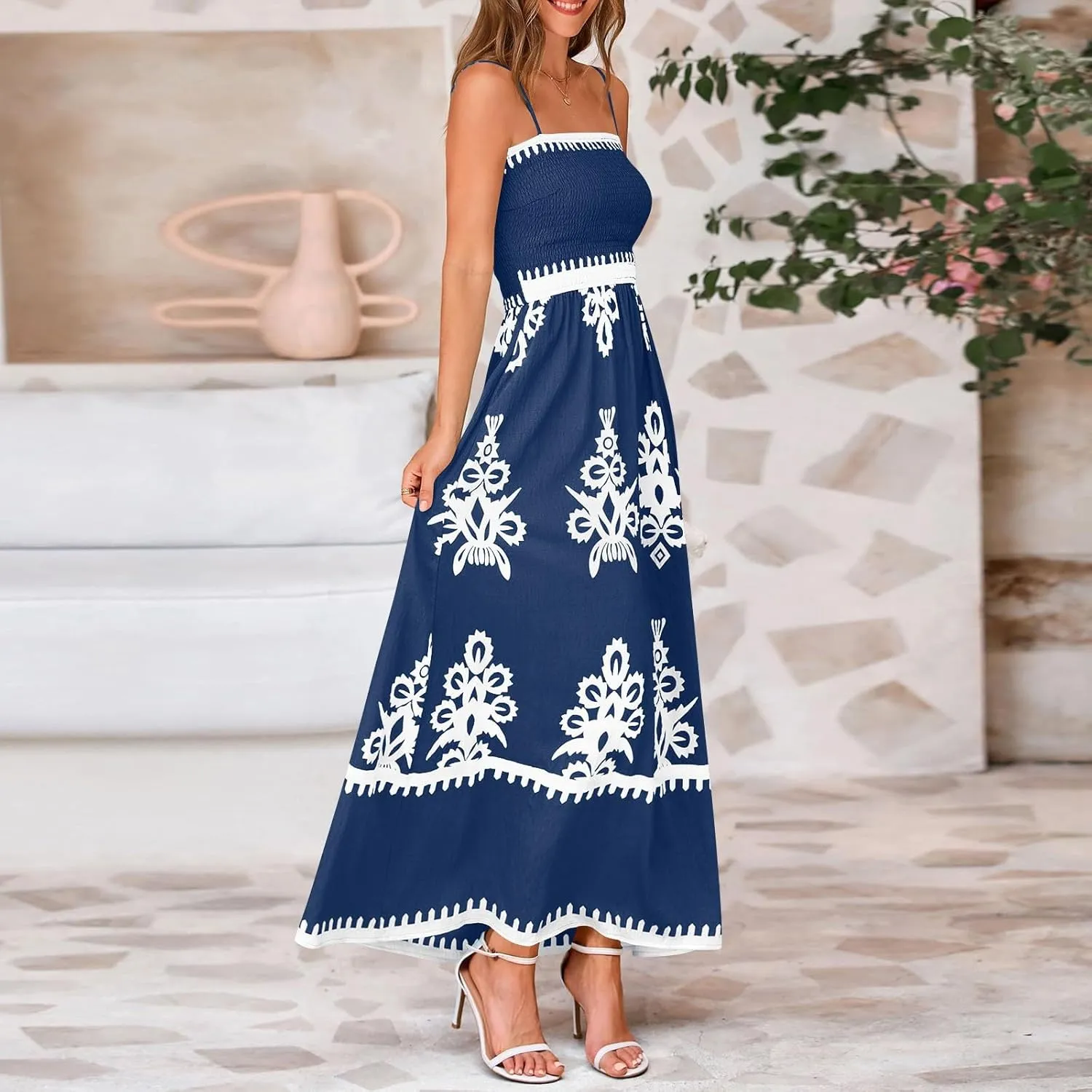 Summer Dresses for Women Elegant Spaghetti Strap Smocked Neck Sundresses with Pockets Vintage Printed Beach Dresses