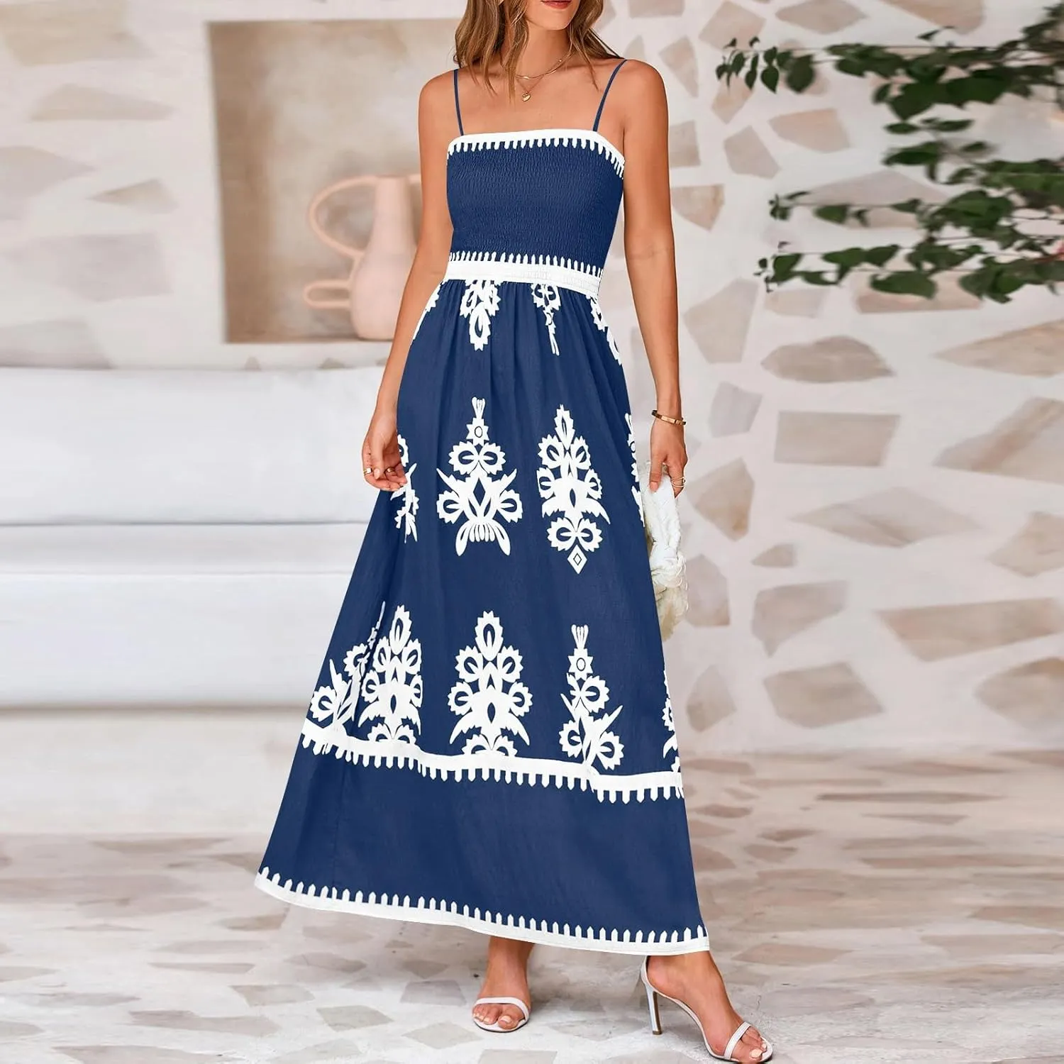 Summer Dresses for Women Elegant Spaghetti Strap Smocked Neck Sundresses with Pockets Vintage Printed Beach Dresses