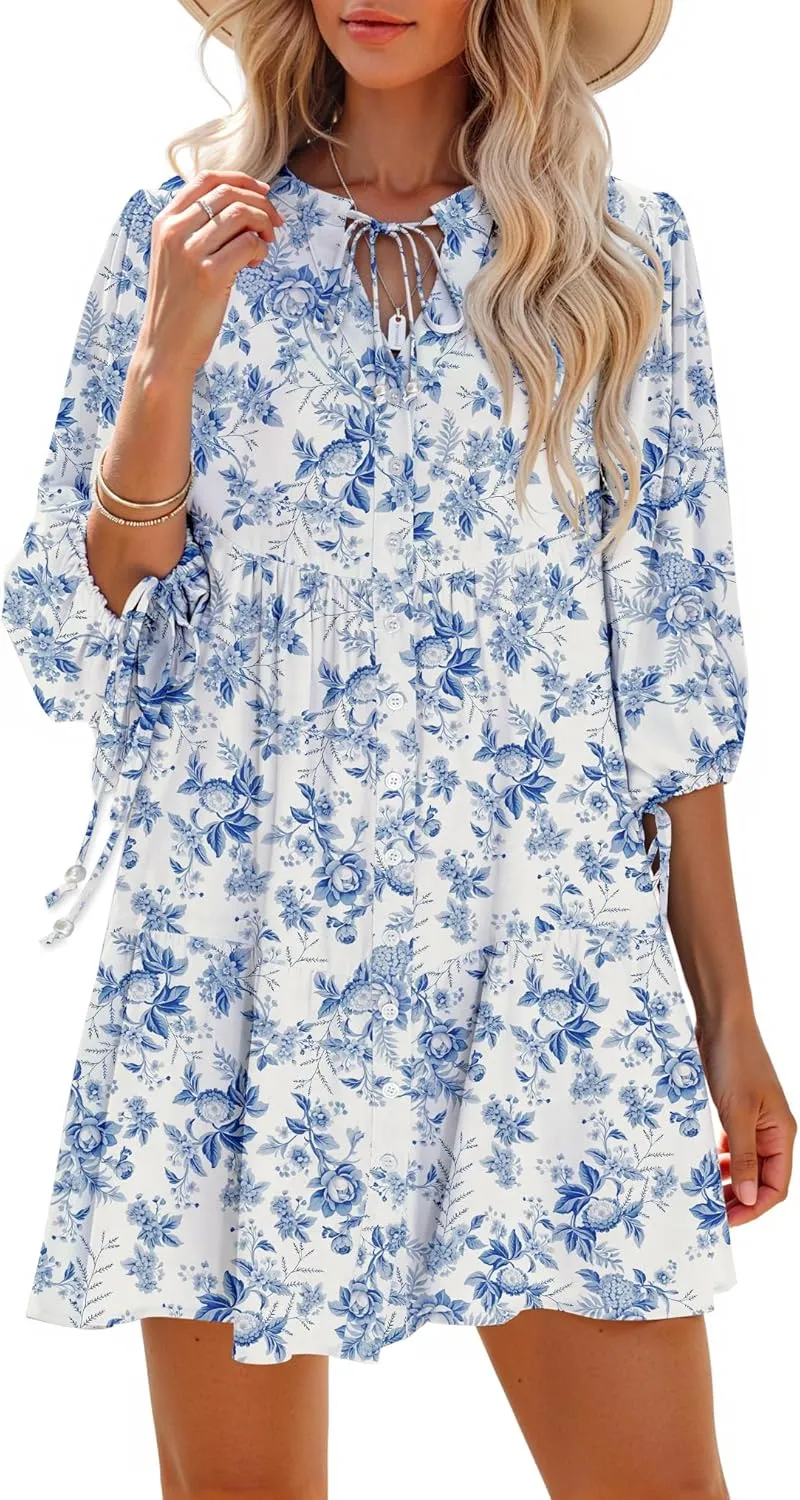 Summer Mini Dresses Casual V Neck Drawstring Button Down 3/4 Sleeve Boho Floral Flowy Beach Shirt Dress Pockets