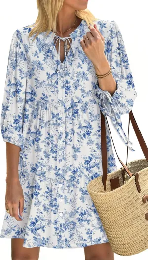Summer Mini Dresses Casual V Neck Drawstring Button Down 3/4 Sleeve Boho Floral Flowy Beach Shirt Dress Pockets