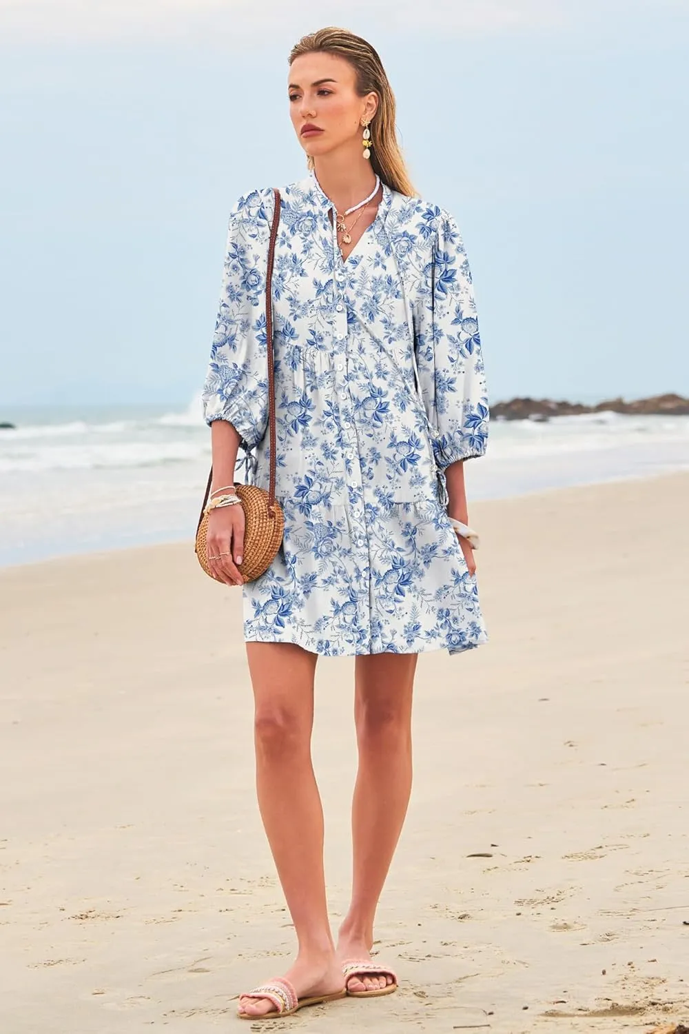 Summer Mini Dresses Casual V Neck Drawstring Button Down 3/4 Sleeve Boho Floral Flowy Beach Shirt Dress Pockets