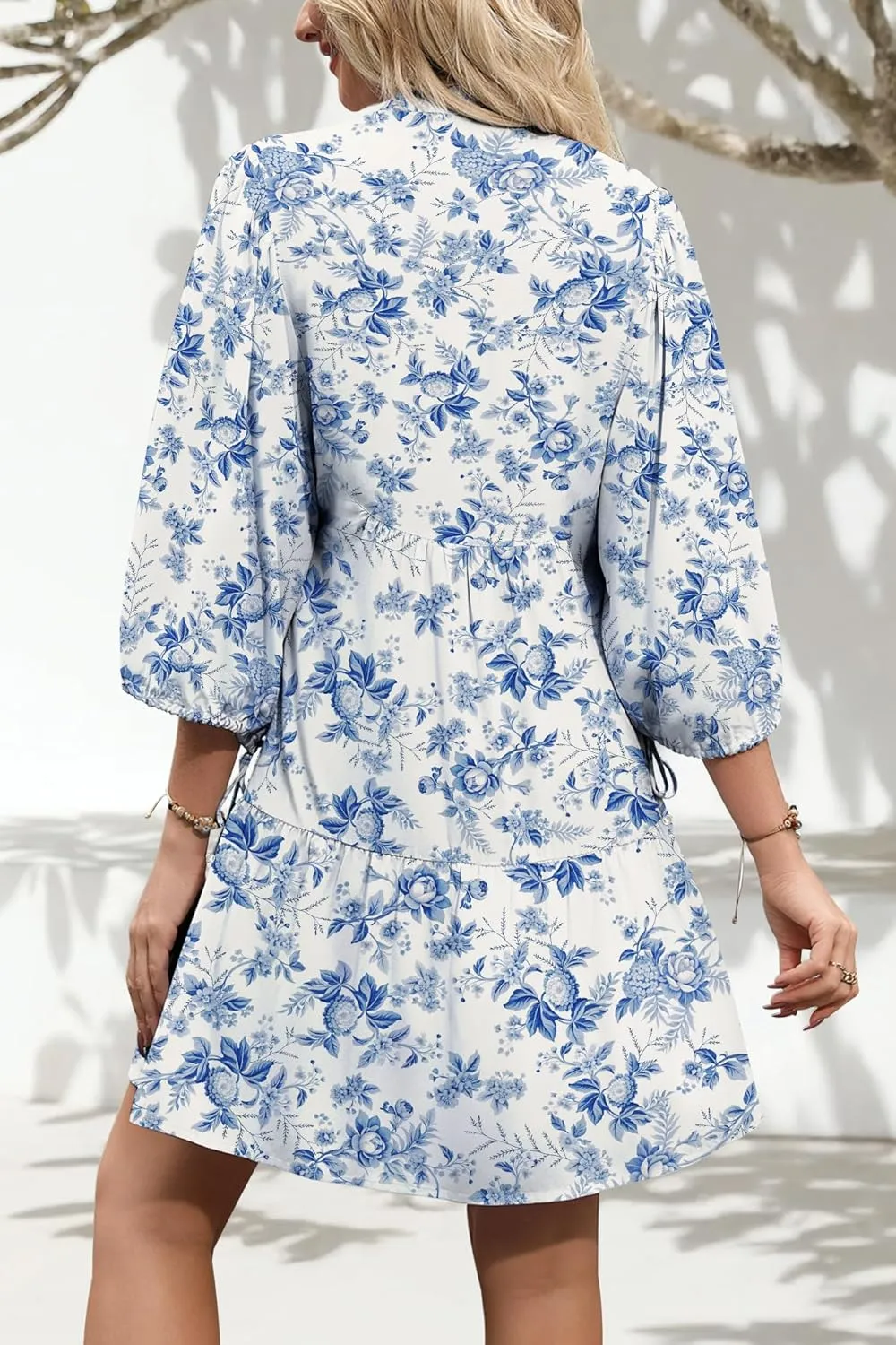 Summer Mini Dresses Casual V Neck Drawstring Button Down 3/4 Sleeve Boho Floral Flowy Beach Shirt Dress Pockets