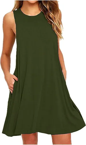 Sun Dresses for Women 2024 Summer Sleeveless Crew Neck Mini Dress Casual Loose Comfy Beach Tank Dress with Pockets