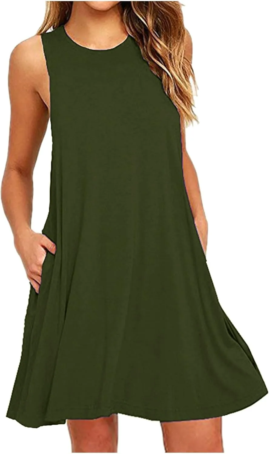 Sun Dresses for Women 2024 Summer Sleeveless Crew Neck Mini Dress Casual Loose Comfy Beach Tank Dress with Pockets