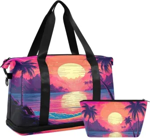 Sunset Beach Sports Gym Bag with Waterproof Dry Wet Pocket, Travel Duffel Bag for Women MenWorkout Bag Fits Yoga, Swimming