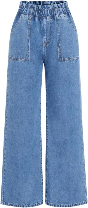 SweatyRocks Girl's Wide Leg Denim Pants Elastic High Waisted Loose Jeans with Pocket