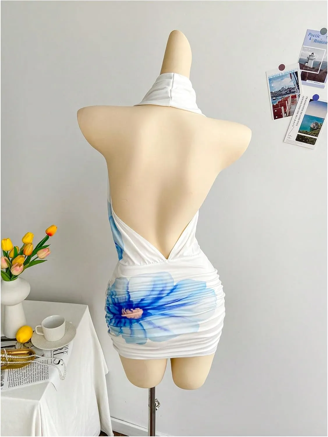SweatyRocks Women's Draped Floral Print Halter Cocktail Dress Backless Sleeveless Bodycon Mini Dresses