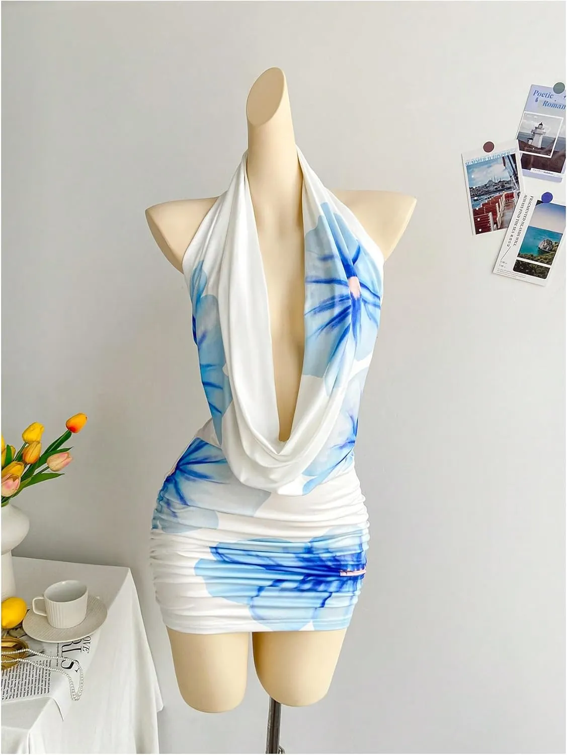 SweatyRocks Women's Draped Floral Print Halter Cocktail Dress Backless Sleeveless Bodycon Mini Dresses