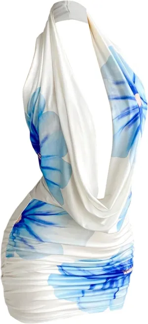 SweatyRocks Women's Draped Floral Print Halter Cocktail Dress Backless Sleeveless Bodycon Mini Dresses