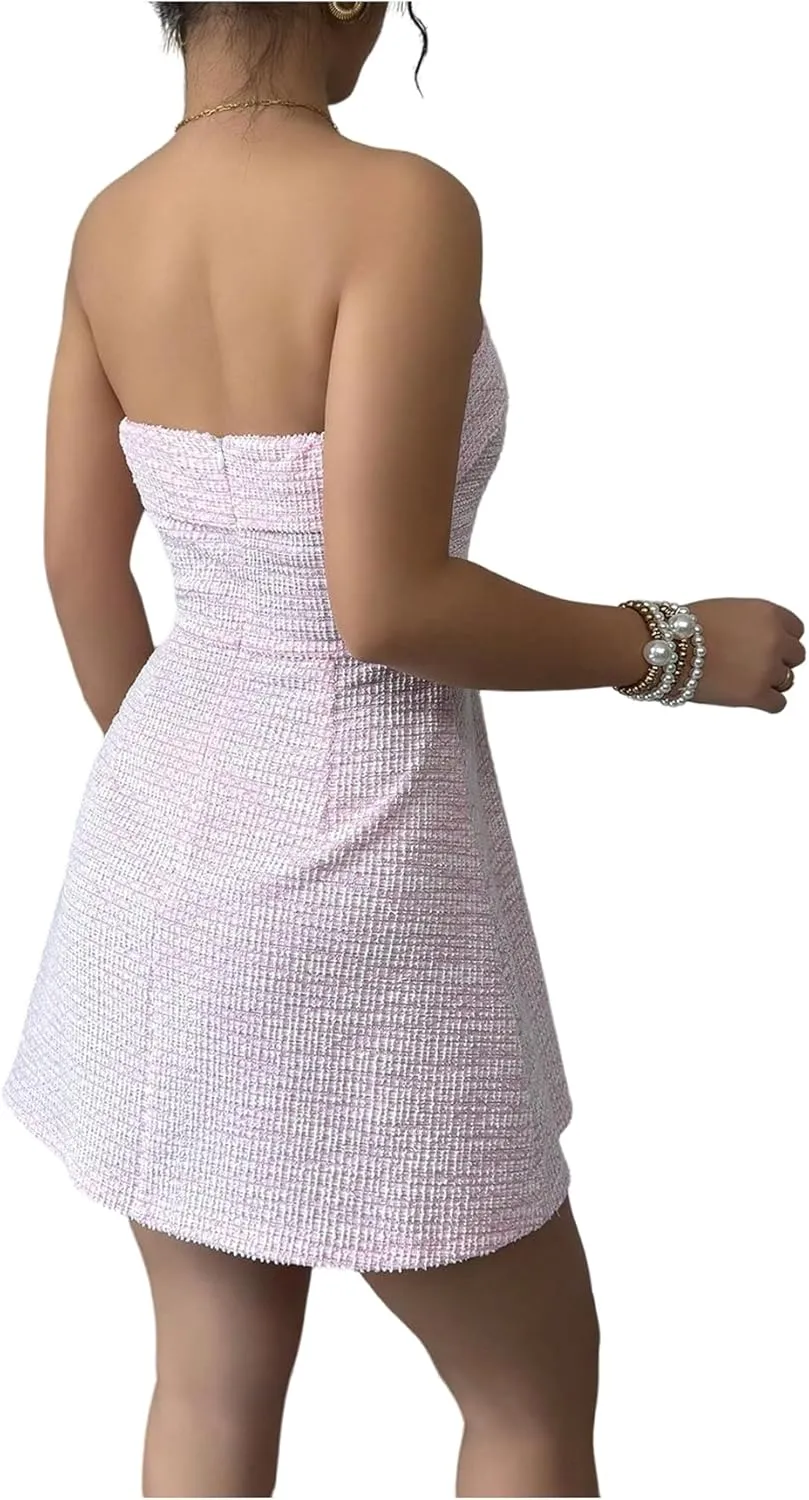 SweatyRocks Women's Elegant Strapless A Line Dresses Button Front Cropped Camisole Dress