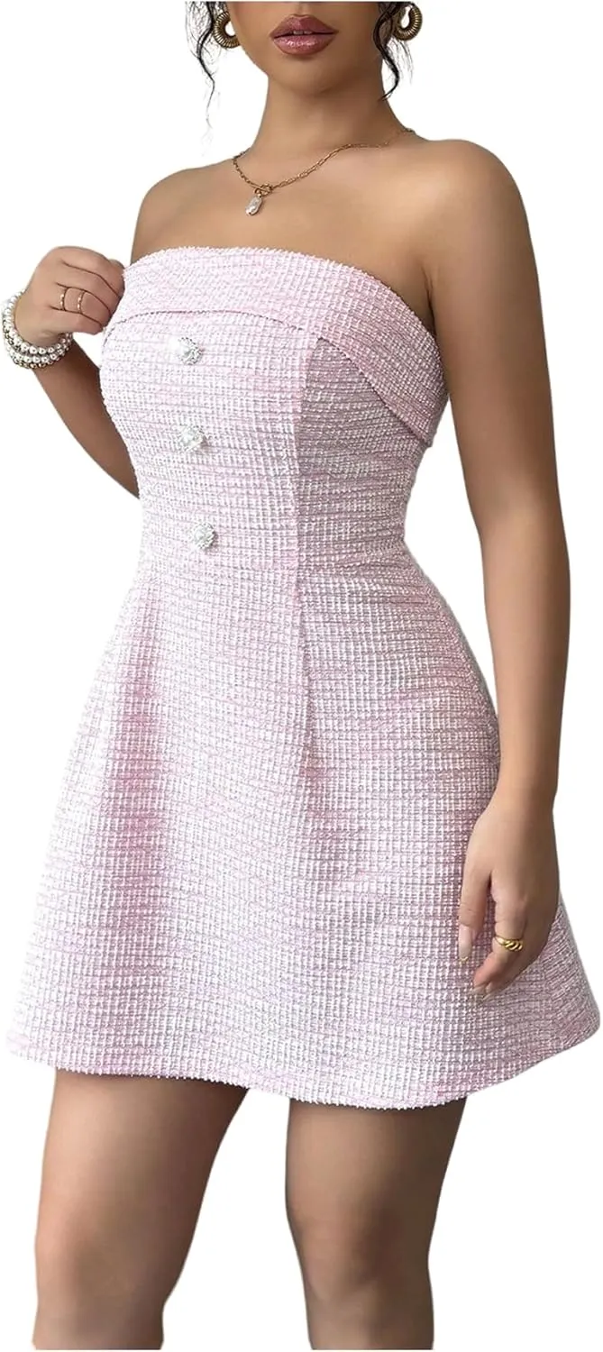 SweatyRocks Women's Elegant Strapless A Line Dresses Button Front Cropped Camisole Dress