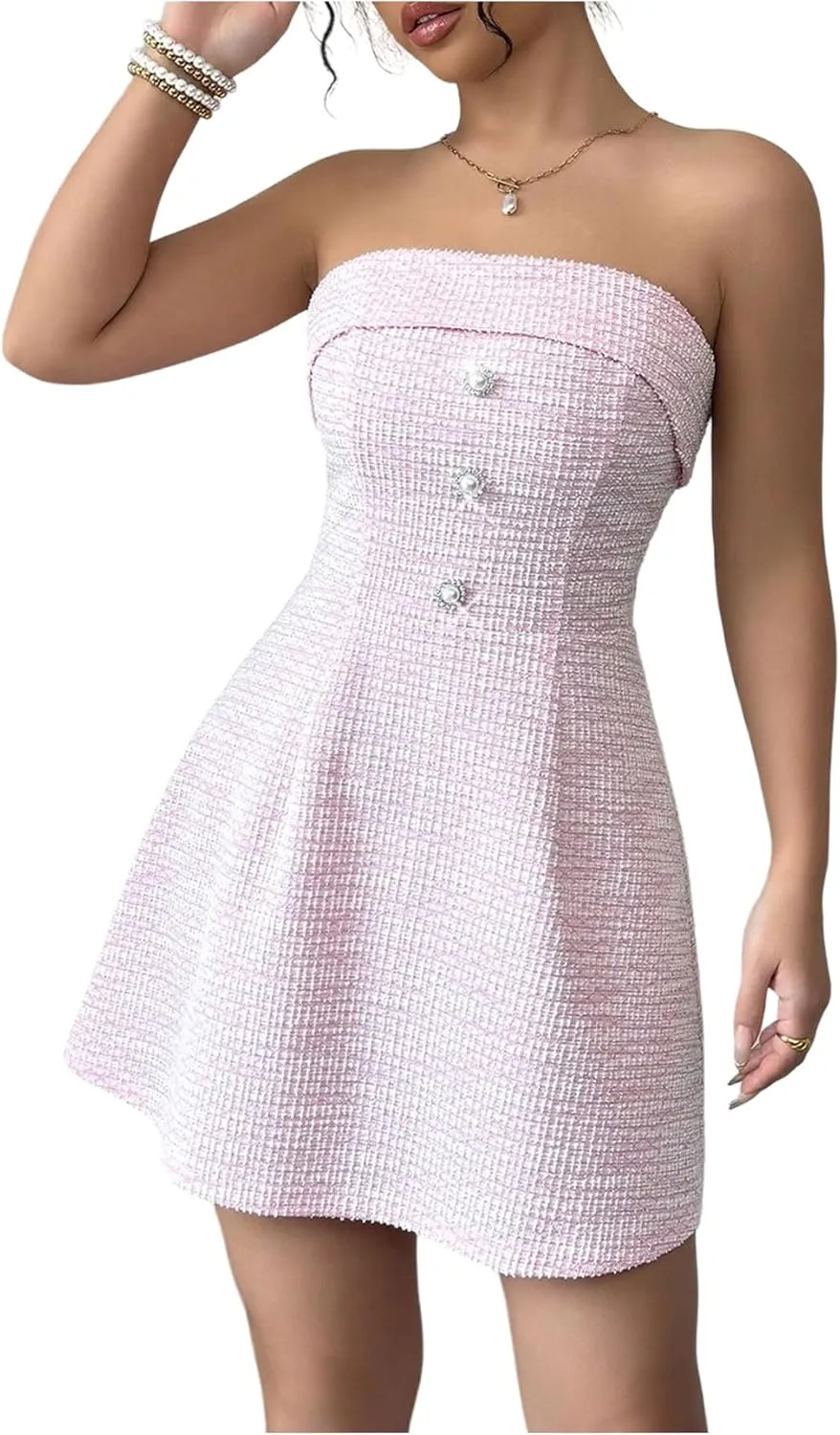 SweatyRocks Women's Elegant Strapless A Line Dresses Button Front Cropped Camisole Dress