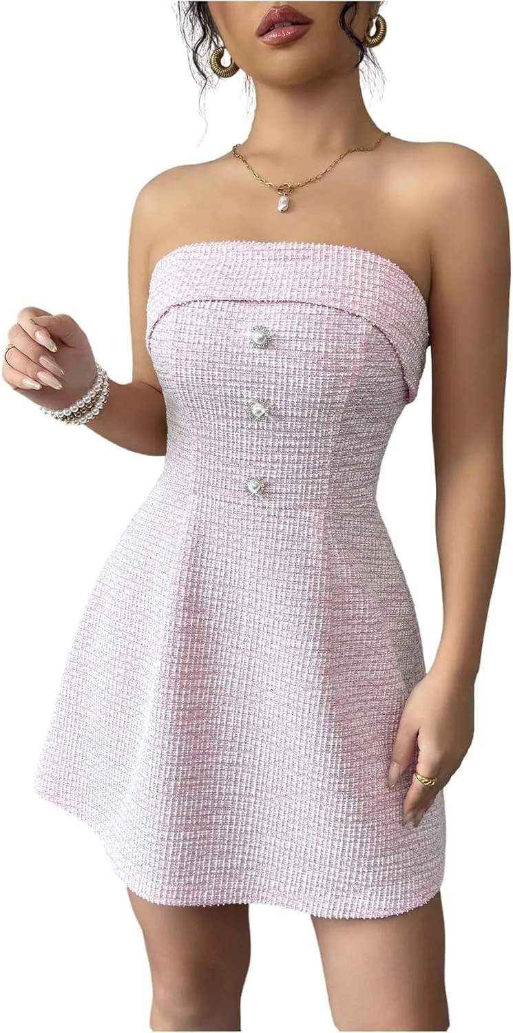 SweatyRocks Women's Elegant Strapless A Line Dresses Button Front Cropped Camisole Dress