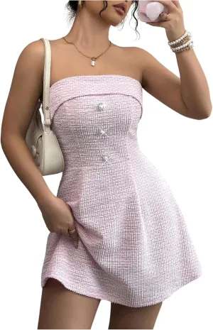 SweatyRocks Women's Elegant Strapless A Line Dresses Button Front Cropped Camisole Dress
