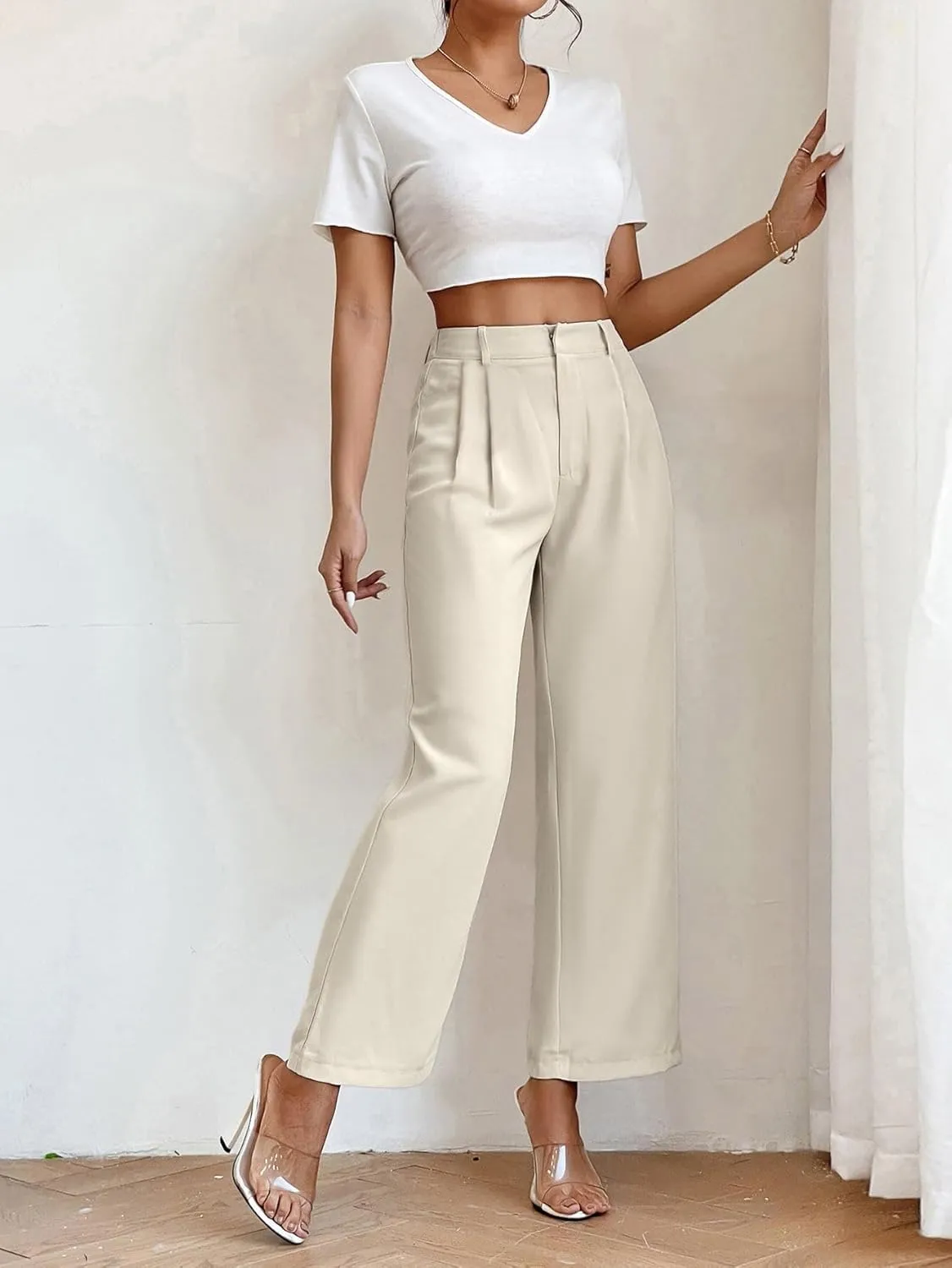 SweatyRocks Women's High Elastic Waist Zip Up Pleated Pants Casual Straight Leg Solid Dress Pants