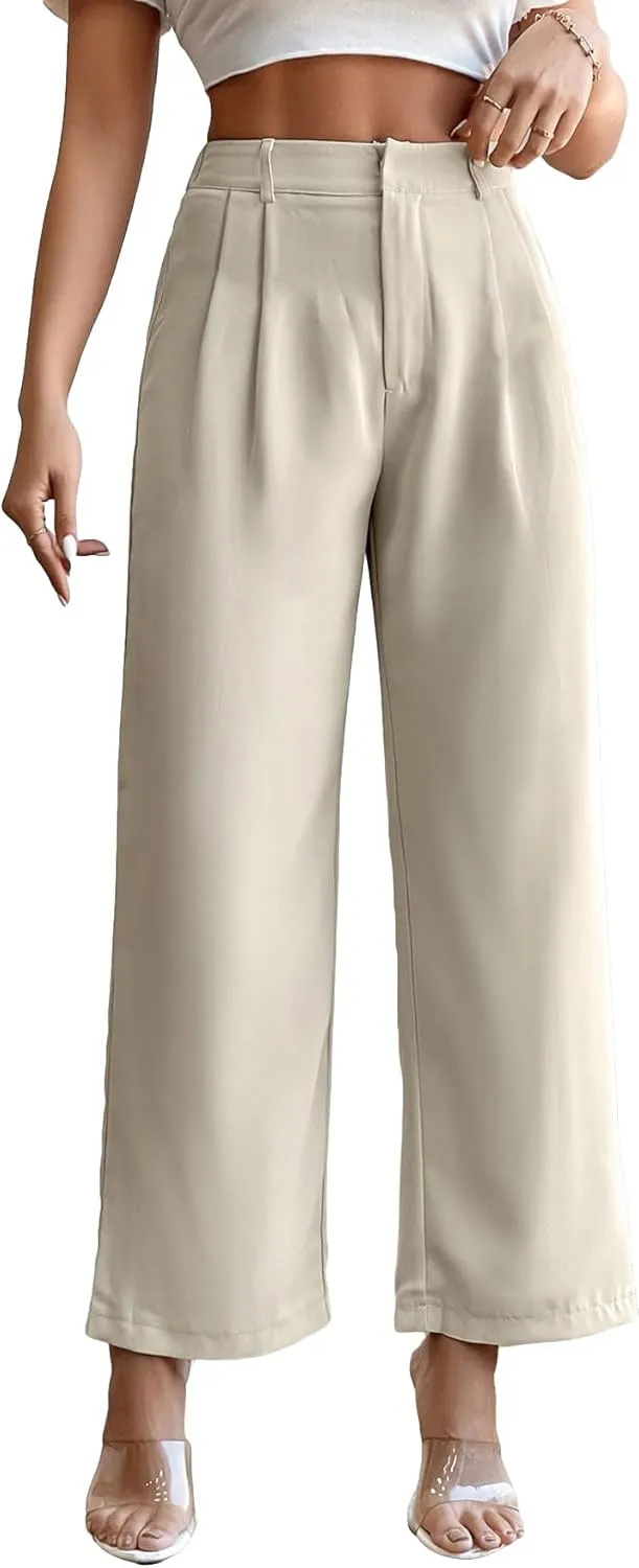 SweatyRocks Women's High Elastic Waist Zip Up Pleated Pants Casual Straight Leg Solid Dress Pants
