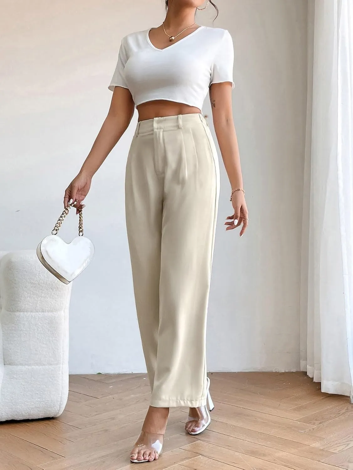 SweatyRocks Women's High Elastic Waist Zip Up Pleated Pants Casual Straight Leg Solid Dress Pants