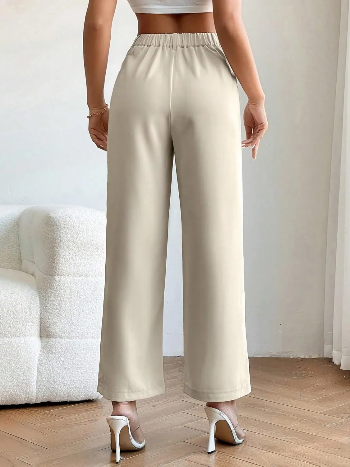 SweatyRocks Women's High Elastic Waist Zip Up Pleated Pants Casual Straight Leg Solid Dress Pants
