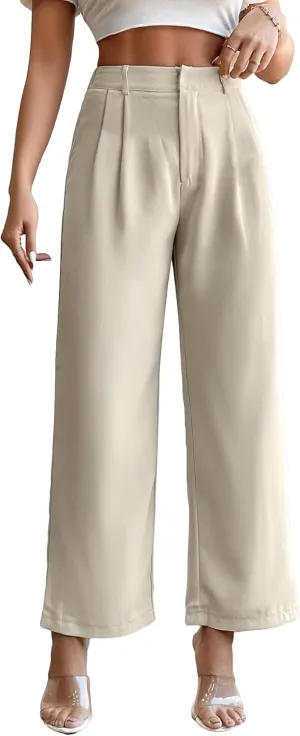 SweatyRocks Women's High Elastic Waist Zip Up Pleated Pants Casual Straight Leg Solid Dress Pants