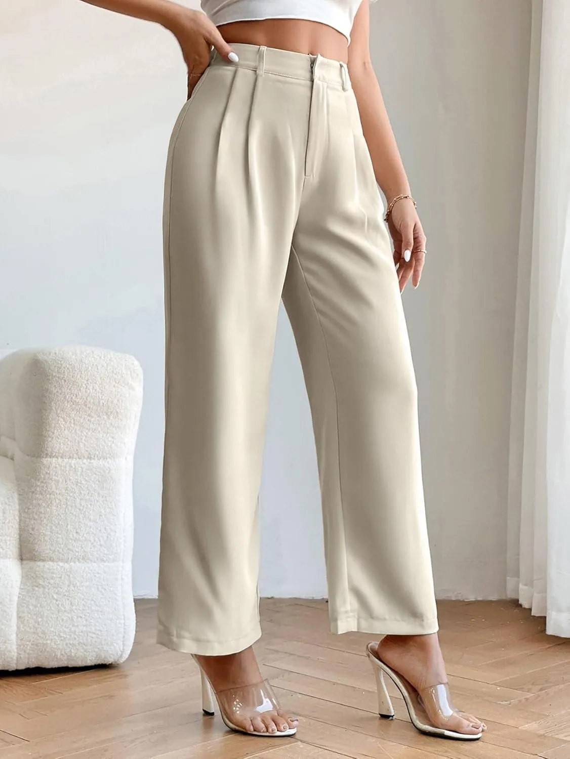 SweatyRocks Women's High Elastic Waist Zip Up Pleated Pants Casual Straight Leg Solid Dress Pants