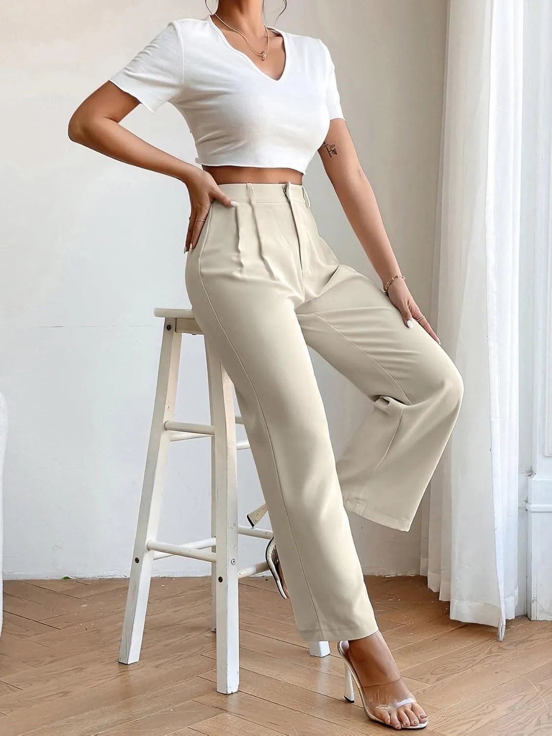 SweatyRocks Women's High Elastic Waist Zip Up Pleated Pants Casual Straight Leg Solid Dress Pants