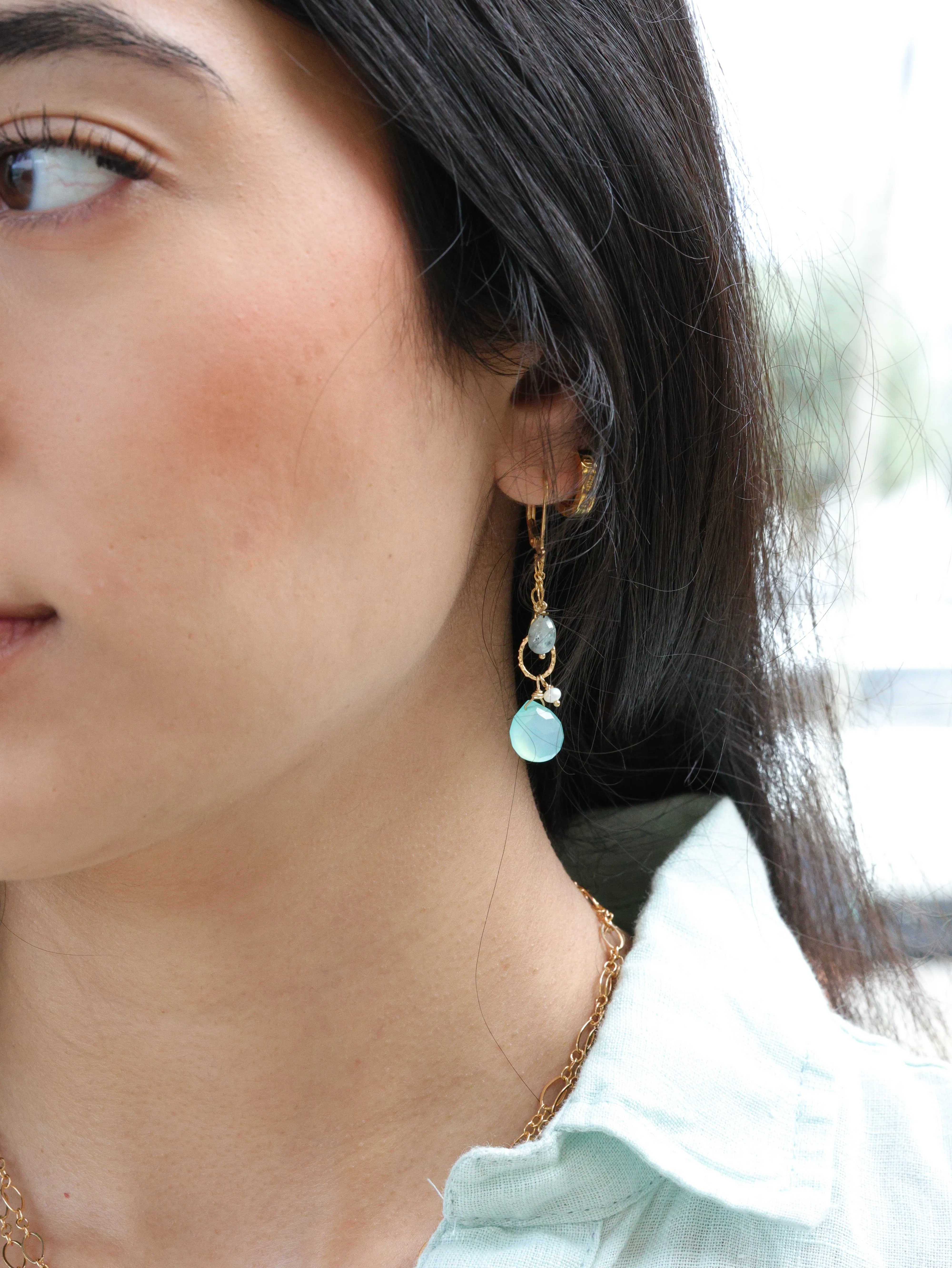 Swinging Peruvian Chalcedony Pearl, Moss Aquamarine Earrings