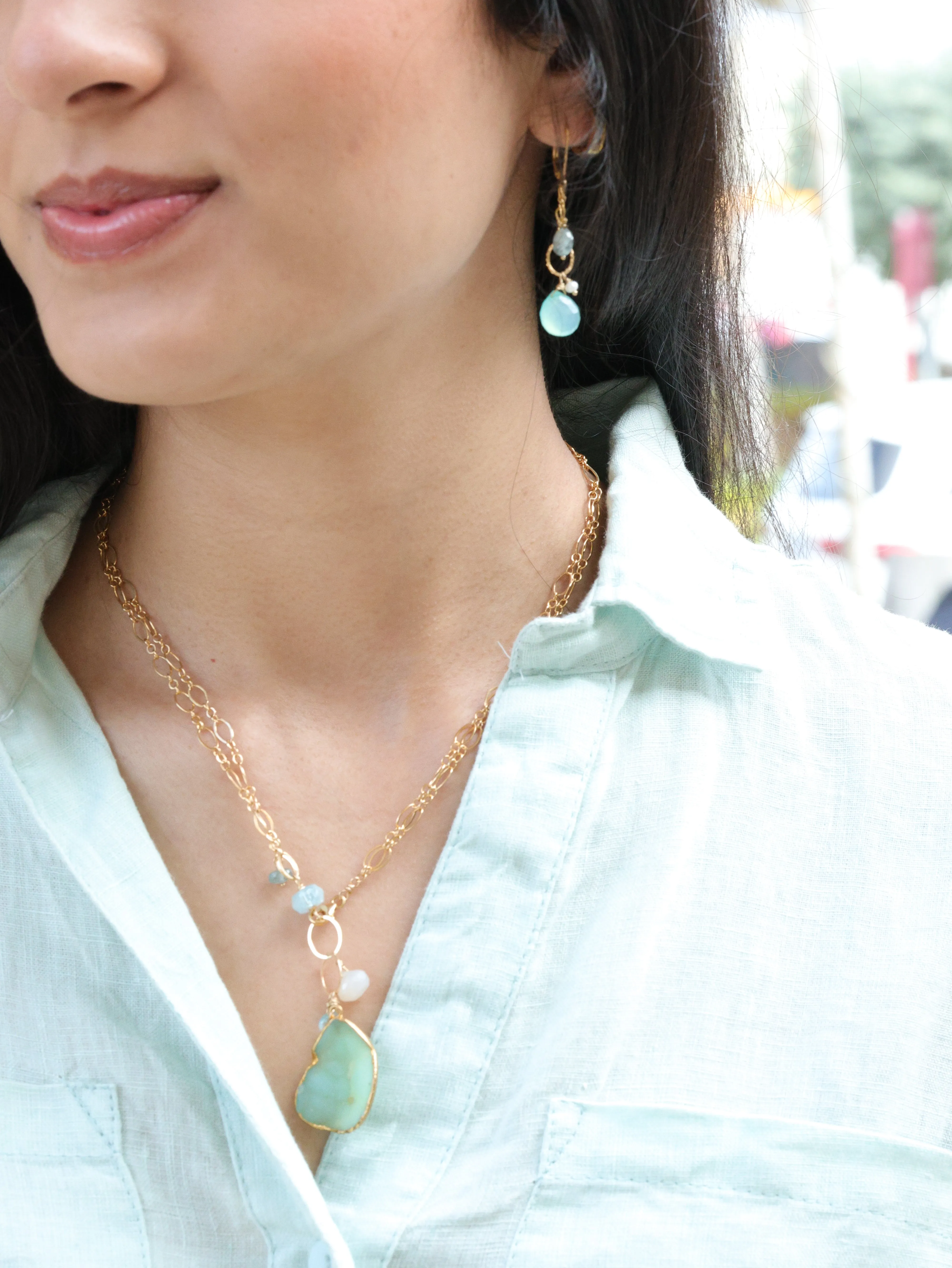 Swinging Peruvian Chalcedony Pearl, Moss Aquamarine Earrings