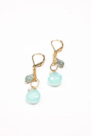 Swinging Peruvian Chalcedony Pearl, Moss Aquamarine Earrings