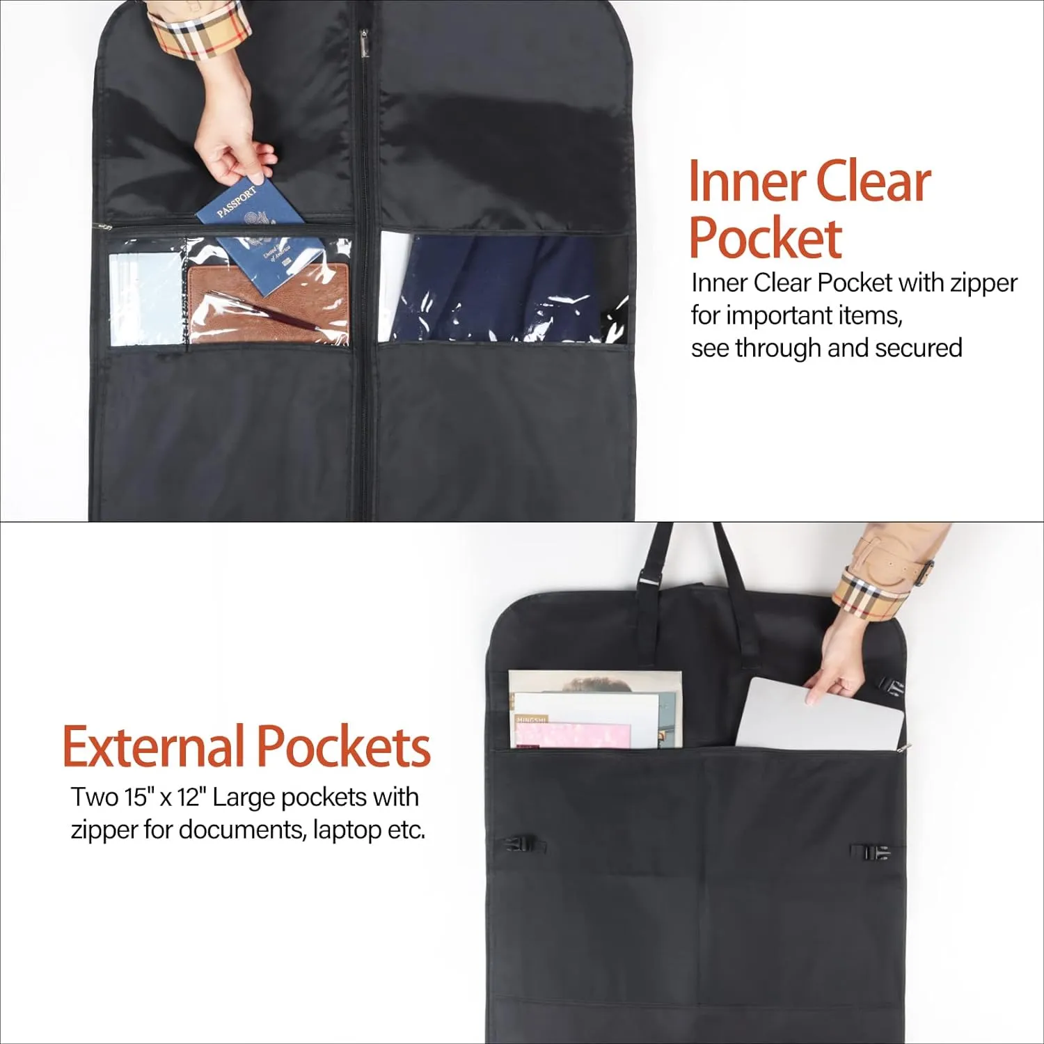 Syeeiex 50" Garment Bags for Travel,Suit Travel Bags for Men with Handles and 6 Pockets, Gusseted Thick Oxford Garment Bags for Hanging Clothes, Foldable Garment Bag for Storage, Black
