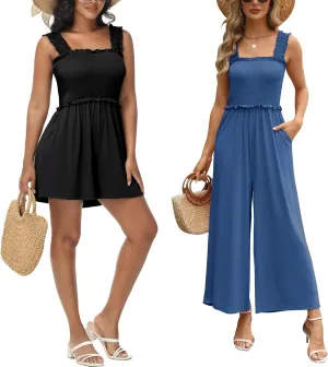 Tanou Women's Summer Sleeveless Shirred Rompers Ruffle Straps Flowy Rompers & Jumpsuit with Pockets Black & Blue S