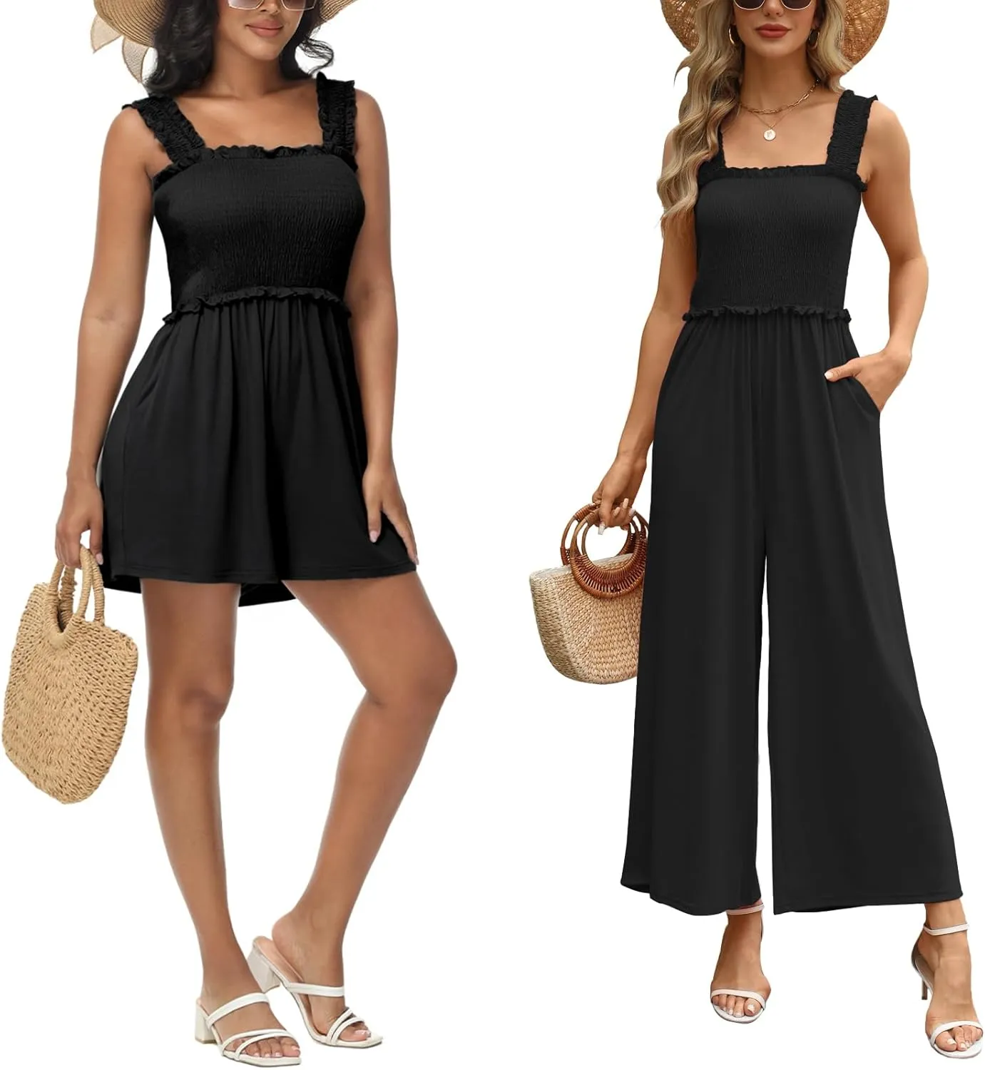 Tanou Women's Summer Sleeveless Shirred Rompers Ruffle Straps Flowy Rompers & Jumpsuit with Pockets Black XL