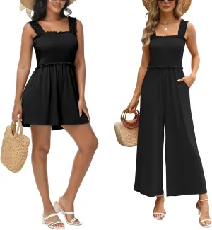 Tanou Women's Summer Sleeveless Shirred Rompers Ruffle Straps Flowy Rompers & Jumpsuit with Pockets Black XL