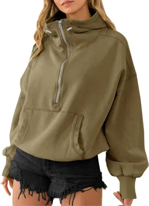 TBA High Neck Hoodies for Women Oversized Half Zip Drawstring Y2K Pullover Sweater Casual Long Sleeve Sweatshirt with Pockets