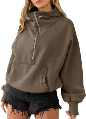 TBA High Neck Hoodies for Women Oversized Half Zip Drawstring Y2K Pullover Sweater Casual Long Sleeve Sweatshirt with Pockets