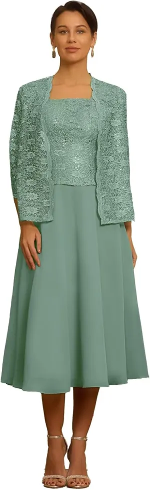 Tea Length Mother of The Bride Dresses with Jackets 2 Pieces Chiffon Floral Laces Sequins Formal Evening Dresses