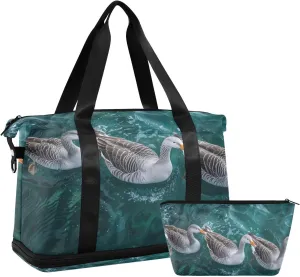 Three Gray Geese Sports Gym Bag with Waterproof Dry Wet Pocket, Travel Duffel Bag for Women MenWorkout Bag Fits Yoga, Swimming