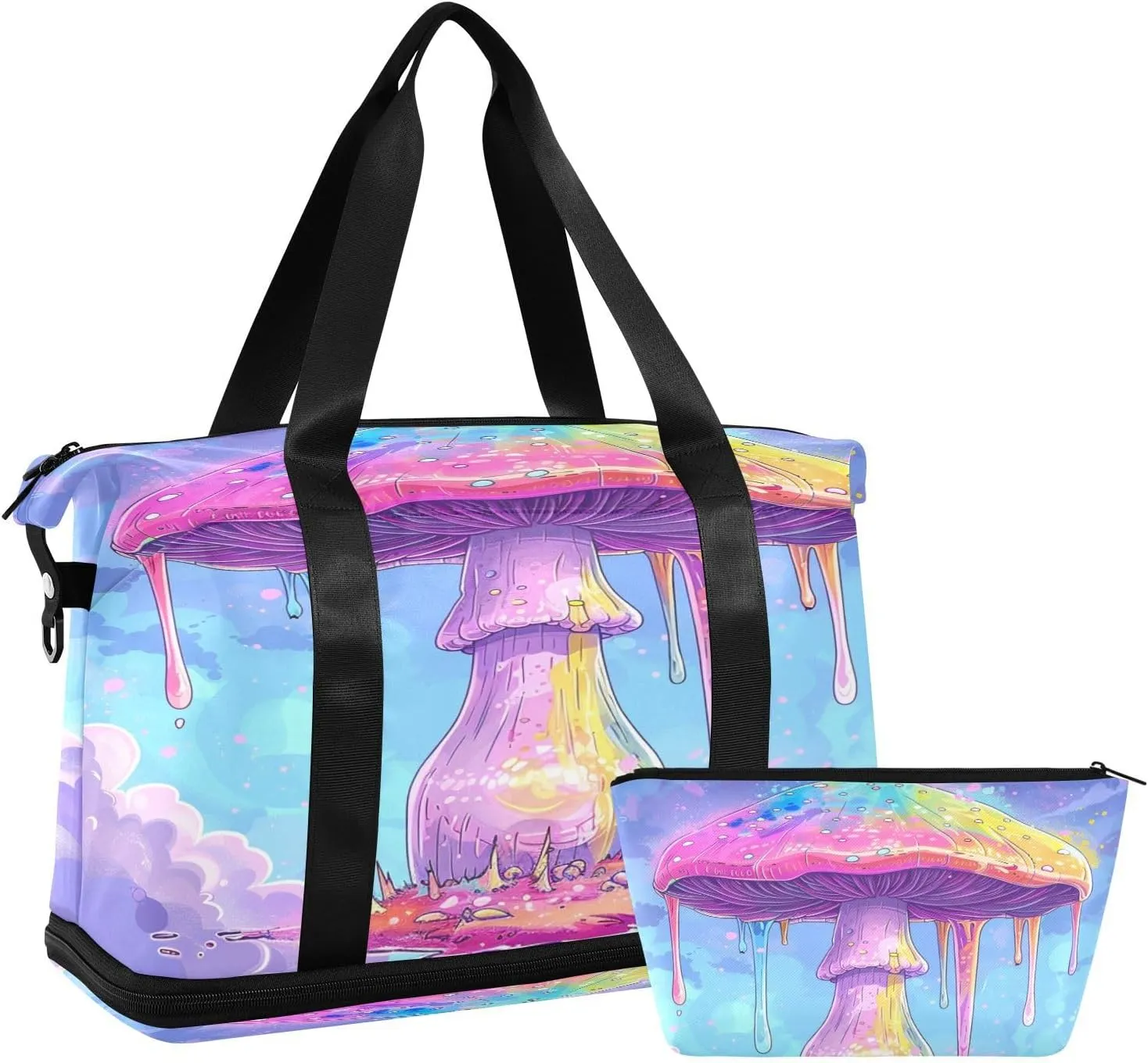 Trippy Mushroom Sports Gym Bag with Waterproof Dry Wet Pocket, Travel Duffel Bag for Women MenWorkout Bag Fits Yoga, Swimming