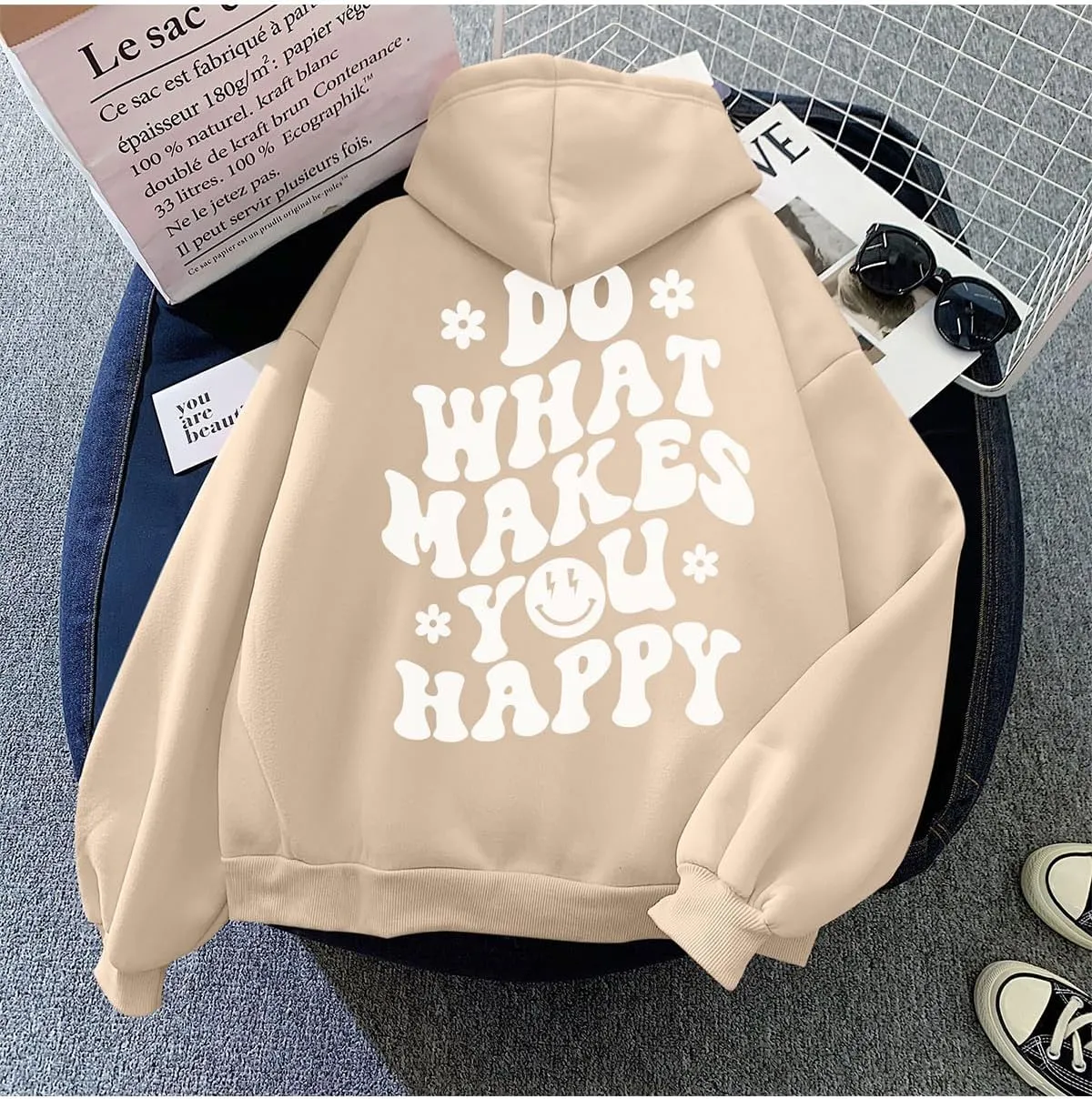 Tuislay Women Cute Graphic Oversized Hoodies Sweatshirts for Teen Girls Aesthetic Y2k Preppy Fleece Happy Hooded Pullover
