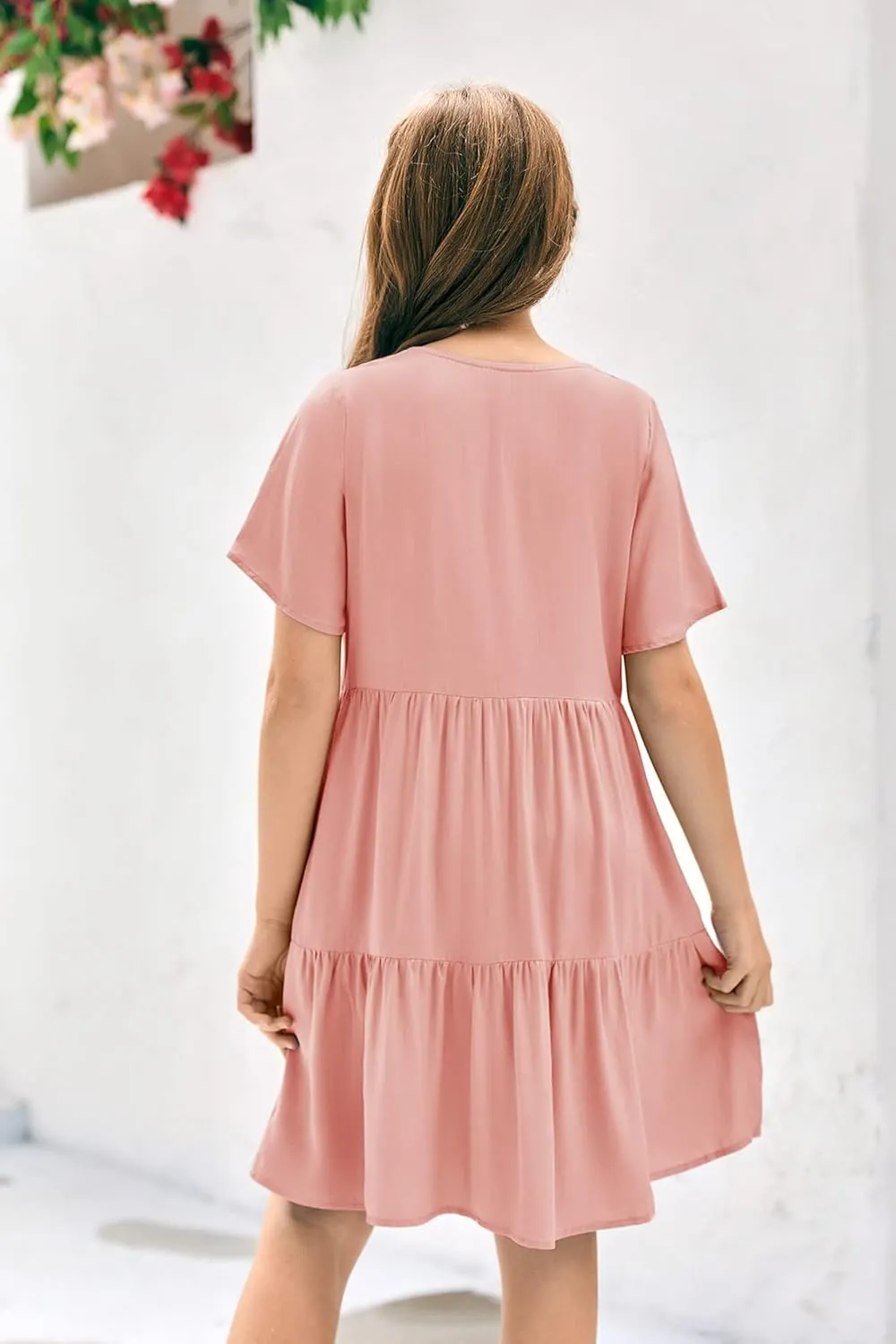 Tymidy Girls Casual Dress Summer Button V Neck Short Sleeve Ruffle Hem Flowy Swing Mini Dresses