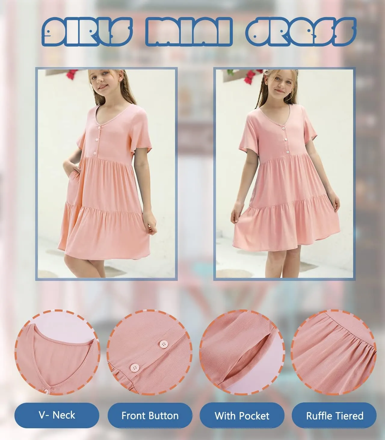 Tymidy Girls Casual Dress Summer Button V Neck Short Sleeve Ruffle Hem Flowy Swing Mini Dresses