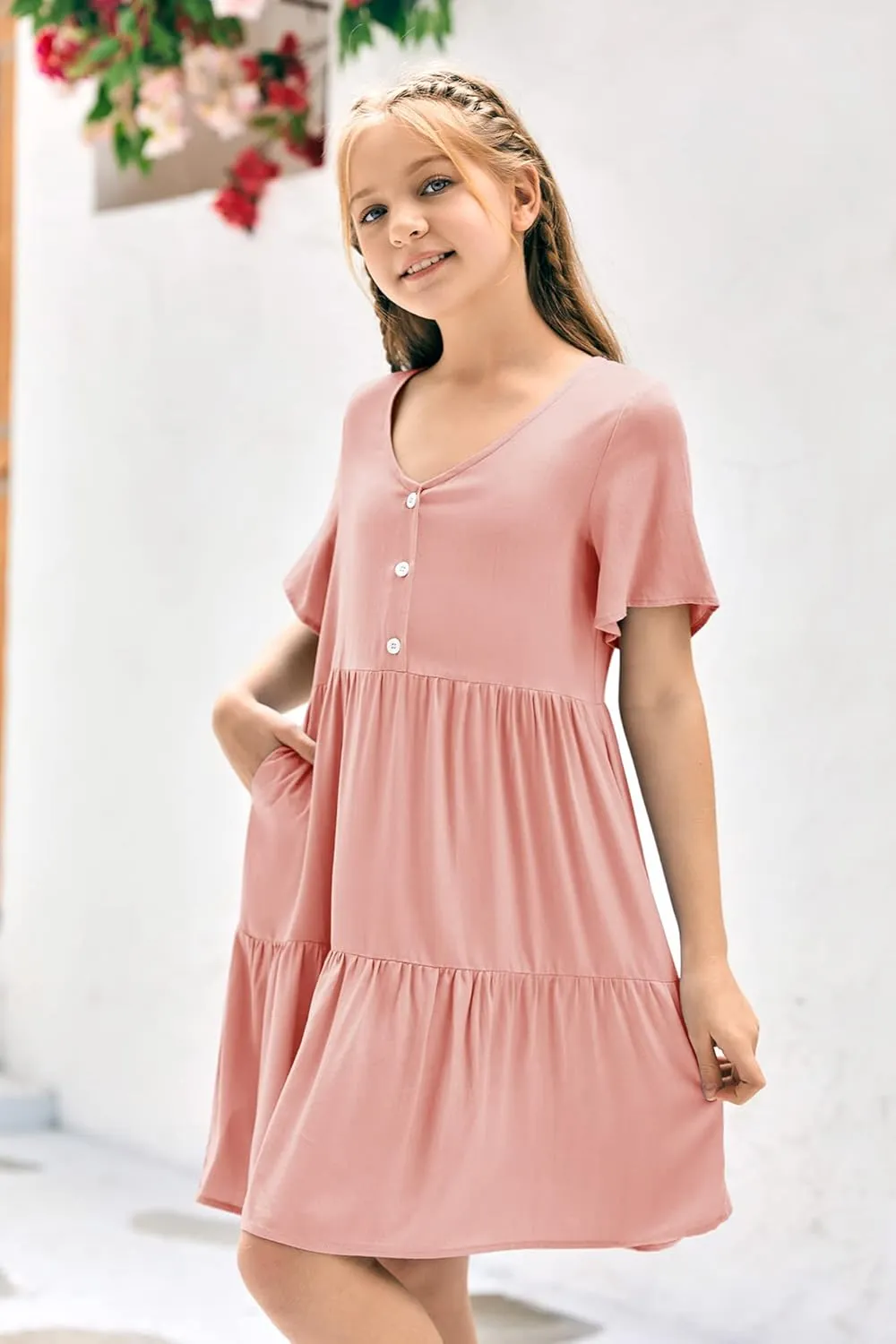 Tymidy Girls Casual Dress Summer Button V Neck Short Sleeve Ruffle Hem Flowy Swing Mini Dresses