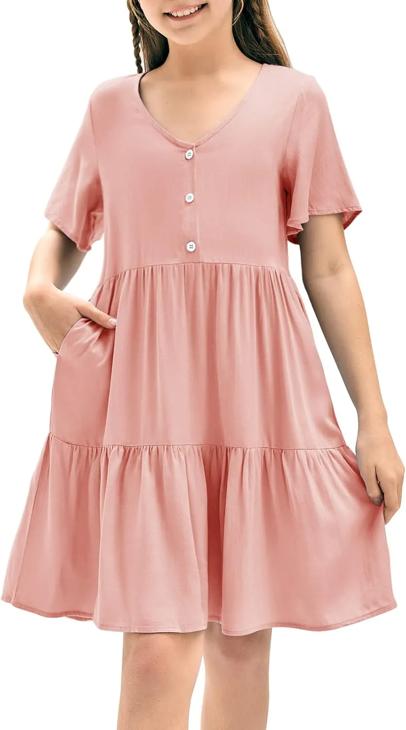 Tymidy Girls Casual Dress Summer Button V Neck Short Sleeve Ruffle Hem Flowy Swing Mini Dresses