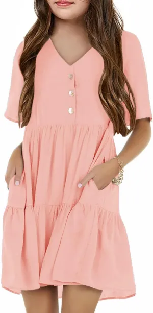 Tymidy Girls Casual Dress Summer Button V Neck Short Sleeve Ruffle Hem Flowy Swing Mini Dresses