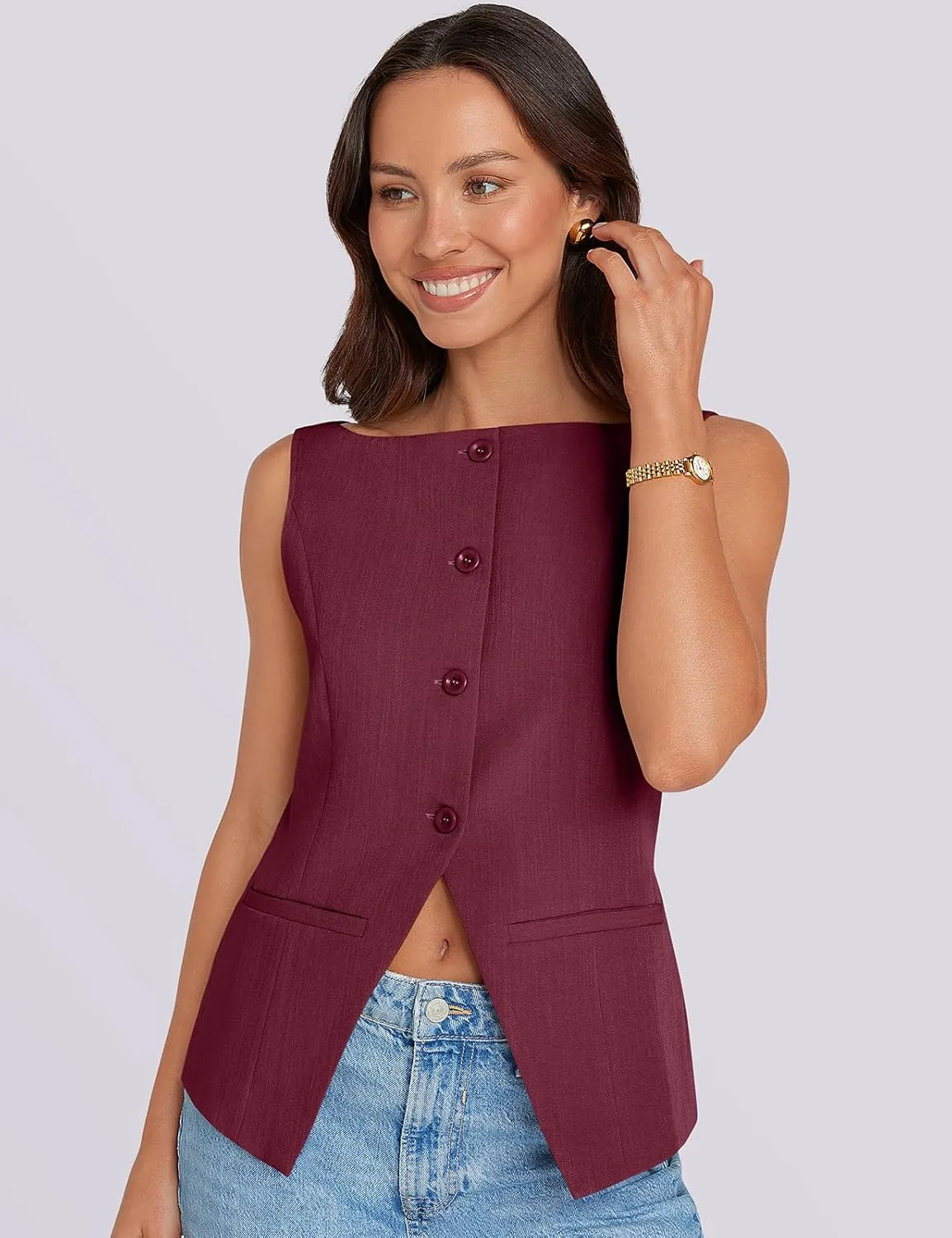 UEU Womens Vest Top 4 Button Sleeveless Boat Neck Fully Lined 2025 Trendy Dressy Business Work Blazer Suit Waistcoat