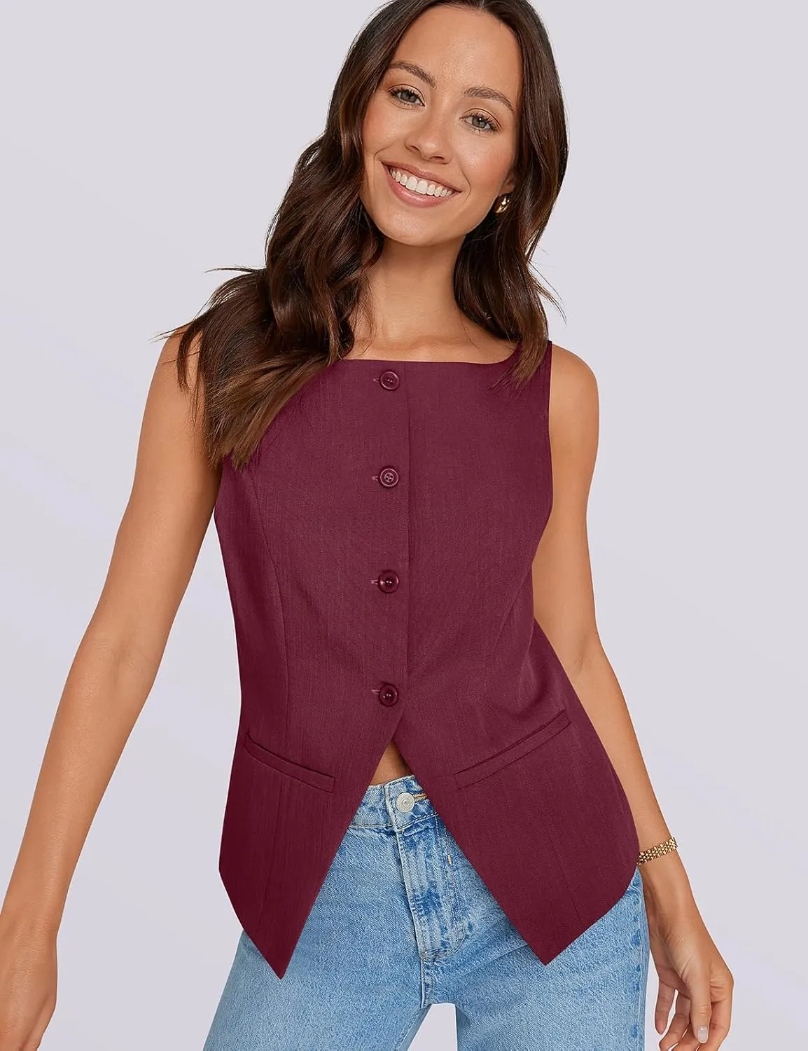 UEU Womens Vest Top 4 Button Sleeveless Boat Neck Fully Lined 2025 Trendy Dressy Business Work Blazer Suit Waistcoat